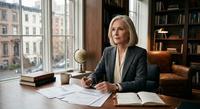 Evelyn Mercer seated at a desk reviewing financial documents